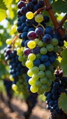 Aufkleber - A bunch of green and purple grapes hanging on a vine in a vineyard.
