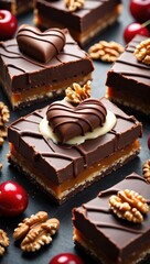 Poster - A collection of chocolate bars topped with nuts, arranged on a dark surface.