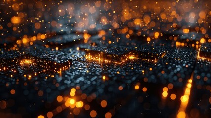 Poster - Abstract picture of neon light particle with digital technology style design connecting become dynamic of electric wave movement represent about flowing of data or structure of network system. AIG53.