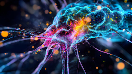 Poster - Human brain model displaying neuron activity with abstract glowing particles