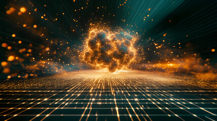 Poster - Illuminated spherical formation with radiant grid in a futuristic atmosphere