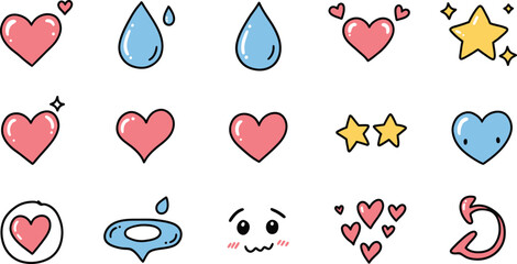 Poster - Cute Heart and Star Emoticons,Kawaii Love and Sparkle Icons Collection,Adorable Hearts, Stars, and Drops Stickers,Colorful Love and Sparkle Elements,Hearts and Stars Vector AI Generative