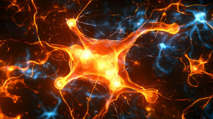 Poster - Fiery neuronal activity rendered in vivid, glowing orange and vibrant blue hues