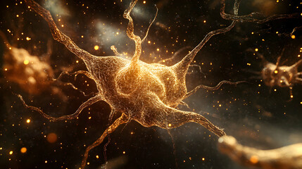 Poster - Intricate neuronal network visualization with golden filaments and luminous particles