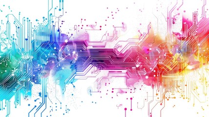 Fototapete - Abstract colorful data flow on complex circuit with digital technology style design. Dust color explode graphic show electric dynamic movement represent about processor algorithm on computer. AIG53.