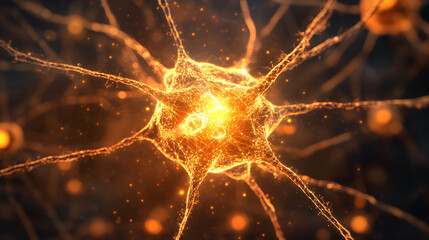Poster - Abstract neuron cell visualization with orange glow and intricate connections