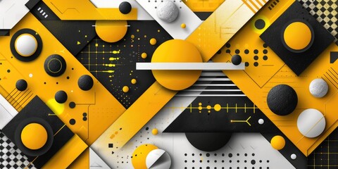 Fototapete - Geometric abstract composition with yellow, black, and white shapes. Background image of 3D rendering geometric shape with black and yellow wavy or curving line on white background. Modern. AIG51.