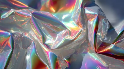 Poster - Shiny, crumpled metallic foil with colorful reflections and abstract patterns.