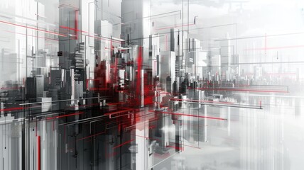 Fototapete - Abstract art of cityscape with red spheres and geometric patterns. Modern and futuristic design with a monochrome background. Architecture and urban concept. Geometric shape with white and red. AIG53.