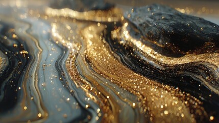 Poster - Abstract gold and black wave pattern with shimmering lights and textures.
