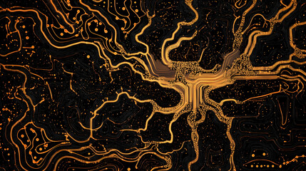 Fototapete - Abstract golden network design on black background evoking electronic circuits