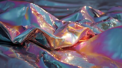 Poster - Shiny, crumpled metallic surface reflecting vibrant colors and textures.