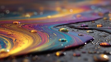 Poster - Vibrant abstract paint with colorful swirls and droplets on a textured surface.