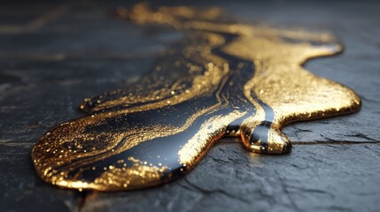 Poster - Liquid gold flows over a dark surface, shimmering with reflections and sparkles.