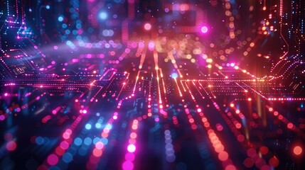 Fototapete - Abstract of chip on complex circuit with digital technology style design and neon electric light graphic show dynamic movement represent about processor algorithm process on high tech device. AIG51.