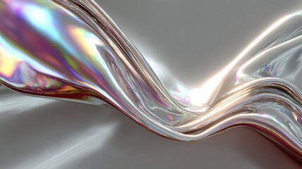 Poster - Abstract iridescent waves with flowing lines and reflective surfaces.