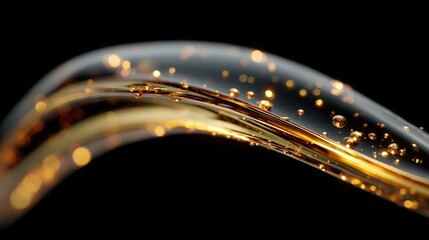Poster - Flowing liquid with bubbles and golden highlights against a dark background.