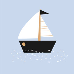 Wall Mural - cute hand drawn print with small sailboat on the sea. childish drawing-like vector illustration with
