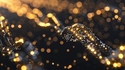 Poster - Abstract network of glowing nodes and connections on a dark background. Digital artwork of black geometric shape yellow glowing line connecting. Technology innovation and communication concept. AIG53.