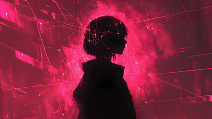 Fototapete - Crimson Radiance: A Silhouette Awash in Luminescent Cyberpunk Hues and Neural Networks