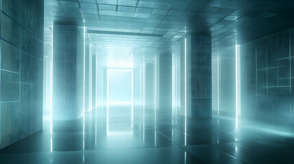 Fototapete - Luminous Neon Hallway Illusion, Concrete texture and a futuristic ambiance