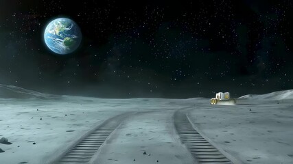 Wall Mural - robotic rover exploring lunar surface with earth visible in starry background. wheel tracks across c