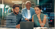 © peopleimages.com - Business people, night and coaching with laptop, hologram or hud for market analysis at office. Group, employees or discussion with computer data or digital overlay for online statistics at workplace