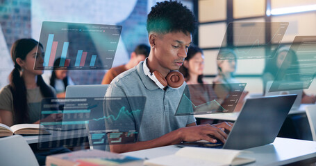 Poster - Man, laptop and hologram with statistics in workshop for online trading course or market analysis class. Male person, junior trader or intern with computer or digital overlay for investment platform