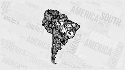 Poster - South America Animation. Visual effect of South America countries appearing in black and white word clouds style. Continent intro video. Stylish Animated Motion Graphics.