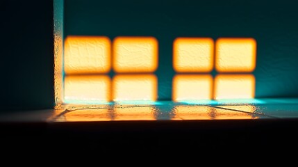 Poster - Abstract Sunlight Forming Blurred Window Grid on Teal Wall