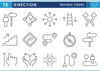 Fototapete - A set of line icons related to Direction. Location, arrow, direction, up, down, left, right, compass, and so on. Vector editable stroke.