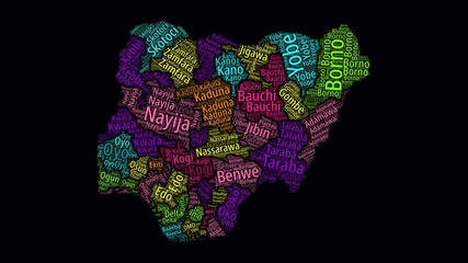 Poster - Nigeria Intro Video. Regions Word Clouds Animation. Nigeria regions names in English language fading in on black background. Country building of territory names video. Elegant animation.