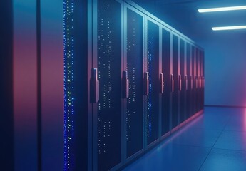 Aufkleber - Colorful neon-lit server cabinets in a misty data corridor with futuristic atmosphere, ideal for cybersecurity, tech infrastructure, or modern digital concepts