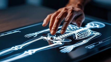 Examining digital skeleton to analyze bones and health using modern touch screen display in healthcare setting