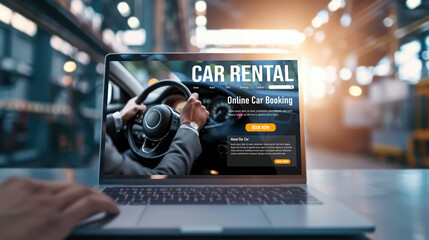 Poster - car rental website on computer screen for tourist to rent a car for transportation brisk