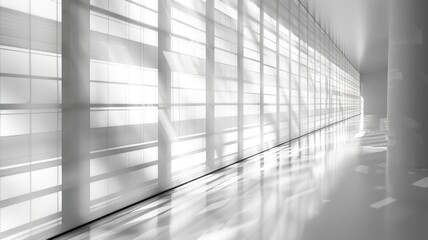 Poster - A minimalist interior space featuring abundant light and shadows. The design emphasizes clean lines and reflections, creating a tranquil and elegant atmosphere, perfect for modern aesthetics.