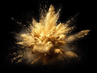 Poster - Golden explosion of powder particles creating a stunning visual effect against a dark backdrop for dynamic artistic expression in photography and design