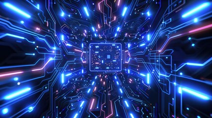 Fototapete - Abstract picture of chip on complex circuit with digital technology style design and the electric parts graphic show high tech system represent about processor algorithm process on computer. AIG53.