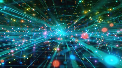 Poster - Abstract picture of neon light particle glow with digital technology style design connecting become dynamic of electric movement represent about flowing of data or structure of network system. AIG53.