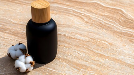 Leinwandbilder - Black Bottle with Wooden Cap and Cotton on Beige Tile
