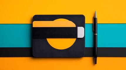 Poster - Black Card Holder and Notebook with Pen on Yellow and Teal Background
