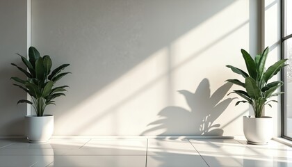 Poster - Modern minimalistic interior design with white tile floor, wall. Green plants in white pots cast shadows, creating interplay light, shadow. Natural light from window highlights space. Home decor.