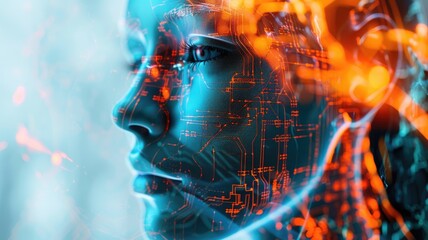 Poster - This image features a futuristic portrayal of artificial intelligence with a digital face illuminated by vibrant colors and intricate circuit designs, showcasing innovation.