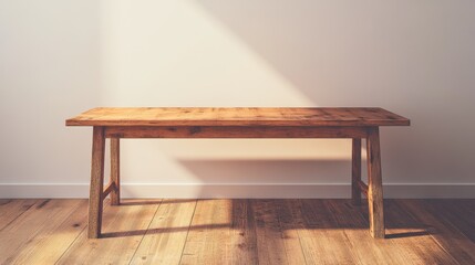 Poster - A rustic wooden table showcases beautiful grains and textures, bathed in natural light. The minimalist setting enhances the warmth of this inviting piece of furniture.