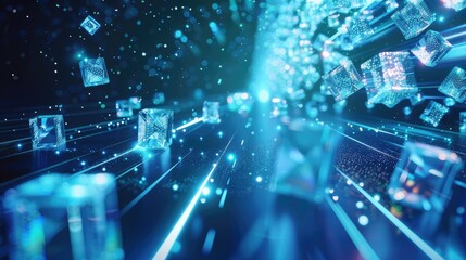 Fototapete - Experience a captivating visualization of a dynamic data stream, showcasing vibrant cubes and flowing patterns that symbolize movement and technology in an abstract design.