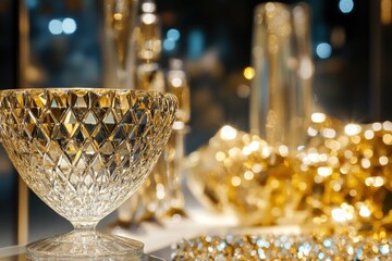 Poster - A stunning crystal bowl radiating a golden sheen, surrounded by sparkling decorative elements. This luxurious image captures elegance and style, perfect for interior decor.