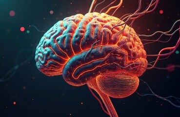 Poster - Abstract illustration shows human brain with colorful wires. Futuristic tech concept neural network. Artificial intelligence innovation. Digital illustration for tech, science, creative projects.