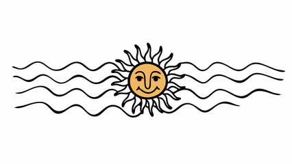 Poster - Stylized sun with a smiling face surrounded by wavy lines resembling water illustration art created with generated ai