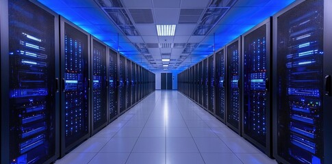 Aufkleber - Symmetrical data center corridor with black server racks and glowing blue LEDs under a white panel ceiling, ideal for secure hosting and cloud system visuals