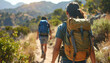 © ezra - Hiking Trail Adventure: Two hikers with backpacks enjoy a scenic trail through sun-drenched mountains, showcasing adventure, freedom, and connection with nature.